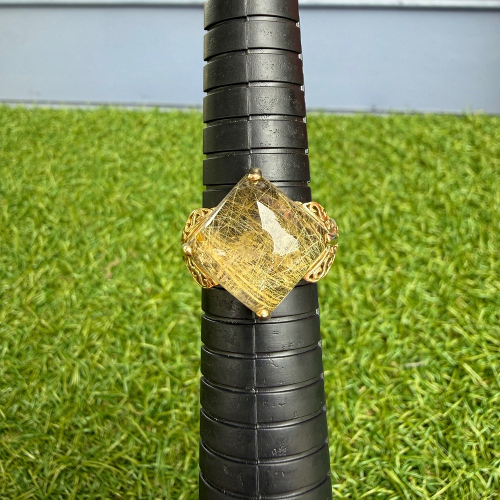 Vintage 10K Yellow Gold Rutilated Quartz Filigree Statement Ring Size 8.5 5g